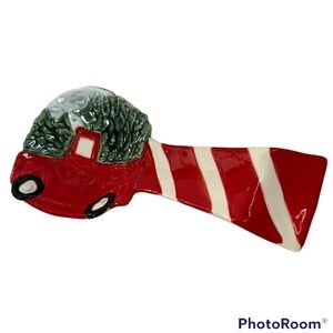 Vintage Christmas Tree Farm Truck Spoon Rest Glazed Hand Painted Ceramic